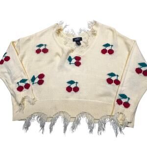 Just Polly Women L Frayed Yellow V-neck Cherry Pullover Oversized Sweater